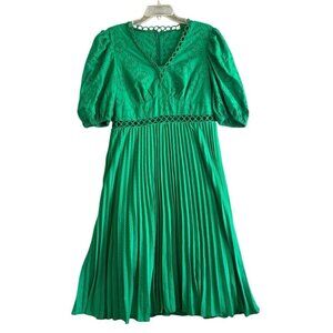 ASOS Broderie Pleated Midi Tea Dress Puff Sleeve Emerald Green Size 12